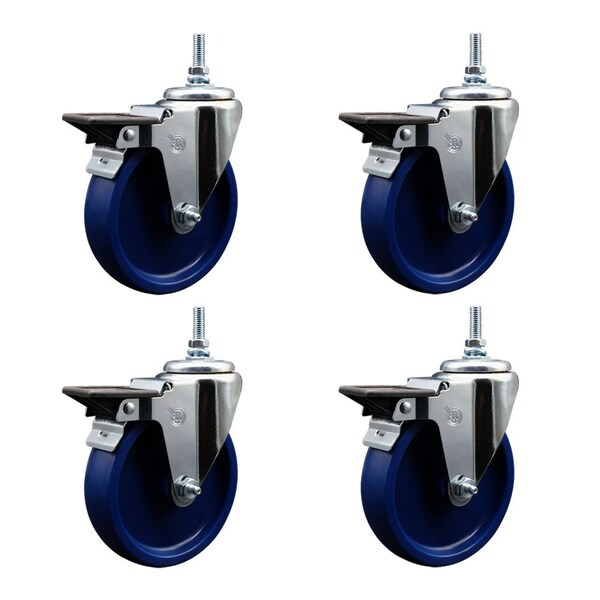 5 Inch Solid Polyurethane 12 MM Threaded Stem Caster Set with Brake